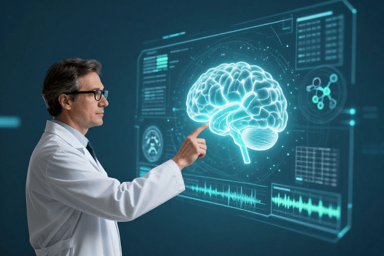 科学可视化素材：未来科技：科学家专注探索脑神经网络