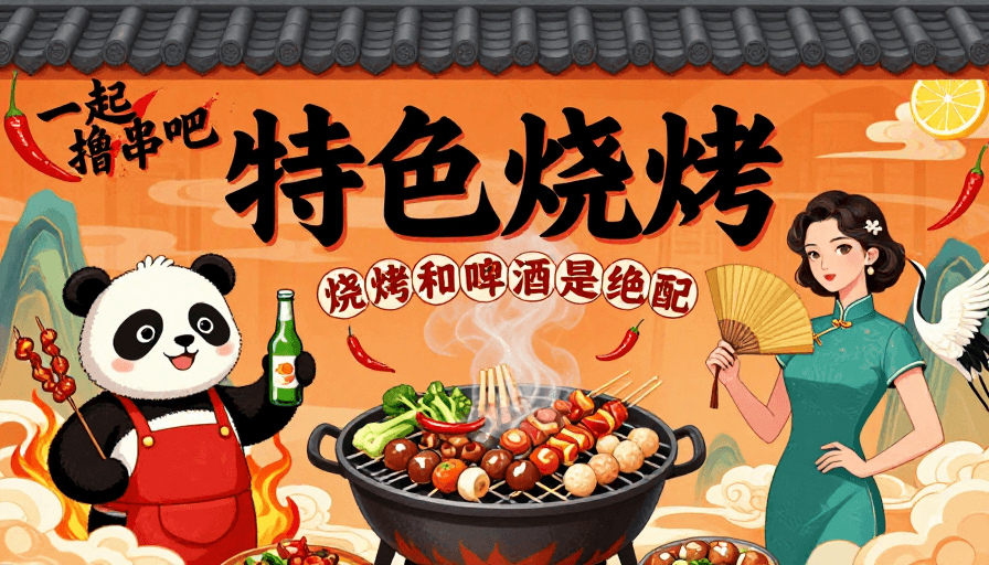 国潮插画素材：国潮暖橙烧烤海报：特色串串烟火气