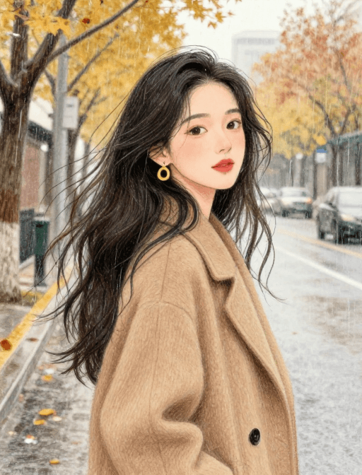 秋冬氛围素材：秋日雨街治愈风：长发美人彩铅插画