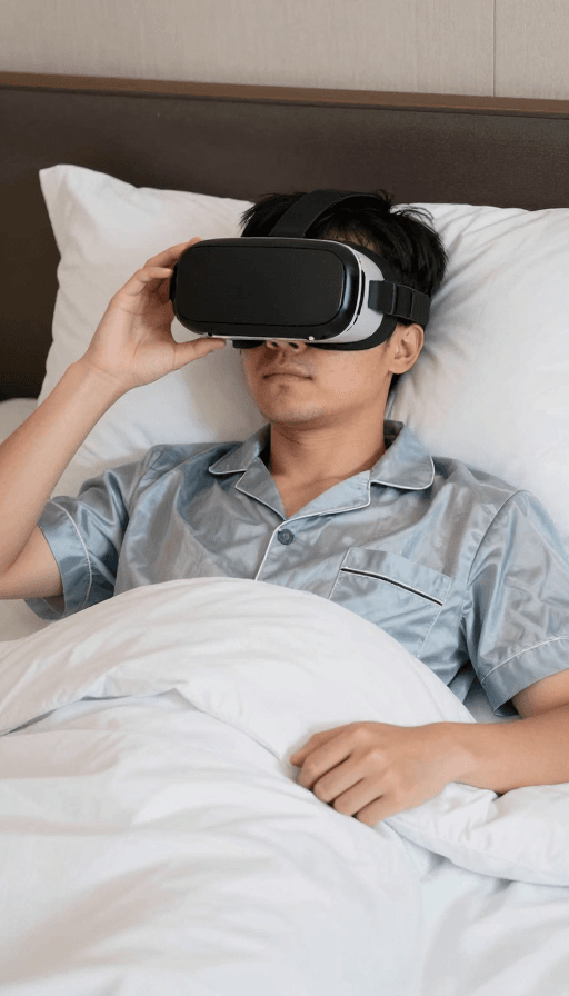 超高清渲染素材：超现实VR体验：30岁男子床上沉浸梦境