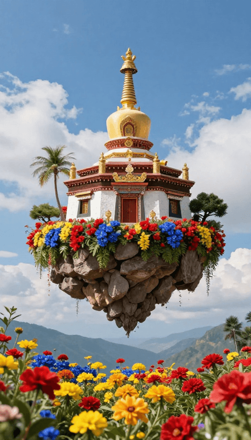 风景摄影素材：云端秘境：悬浮古刹与绚烂花海