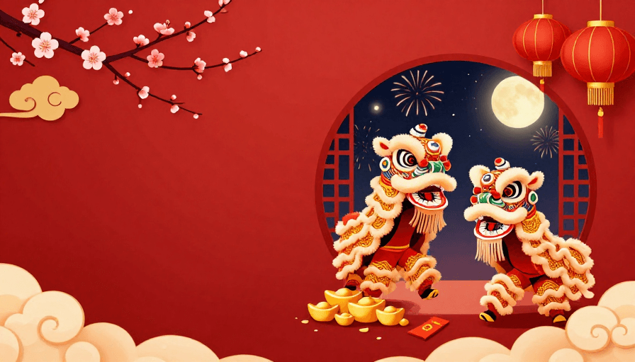 喜庆素材：红金中国风新年插画，舞狮灯笼喜庆，适配节日海报背景