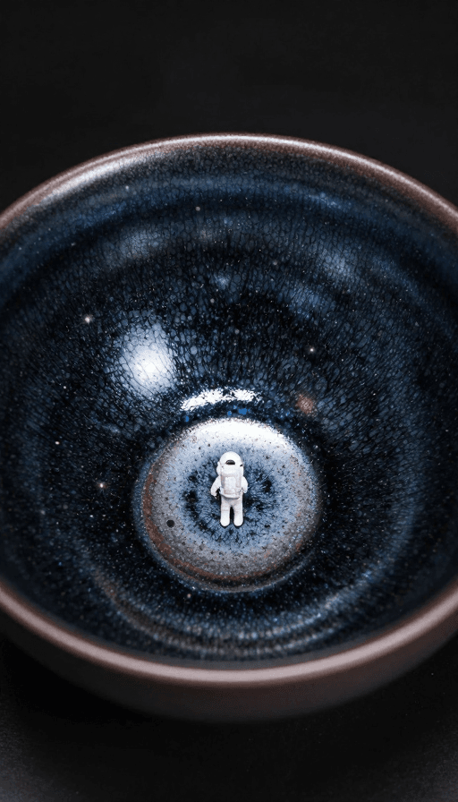 宇宙空间素材：建盏宇宙：星云中极小宇航员的极简艺术