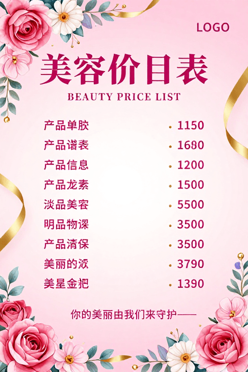 奢华质感素材：粉嫩少女风美妆价目表海报
