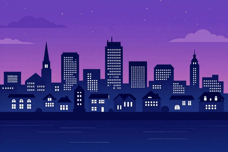 UI背景素材：夜之城插画：紫罗兰渐变夜景与灯火万家