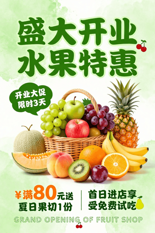 水彩纹理素材：熊猫办公清新开业海报：嫩绿水彩水果特惠