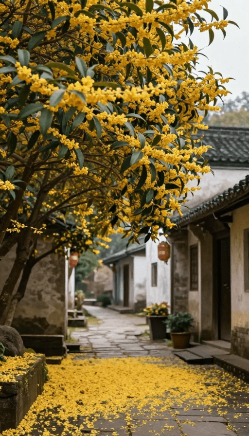 电影感素材：金秋桂花村景：写实电影质感高清摄影