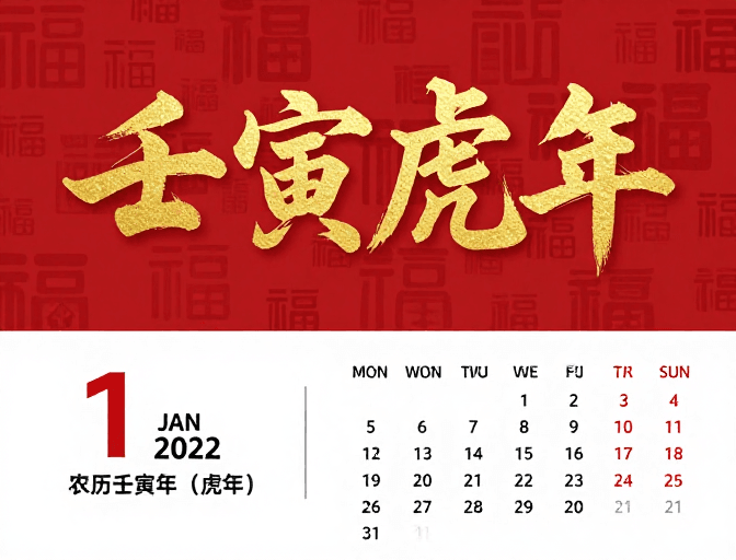 日历设计素材：壬寅虎年喜庆日历，传统书法与红色纹理设计