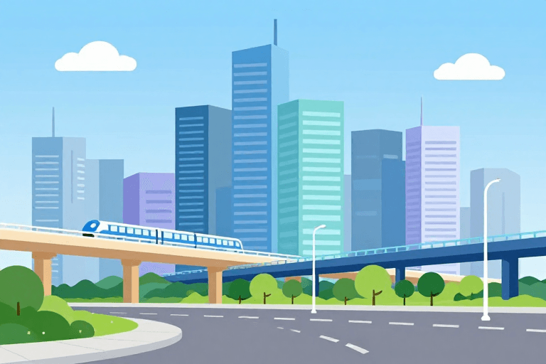 背景素材素材：扁平化未来都市与生态融合的清新景观插画