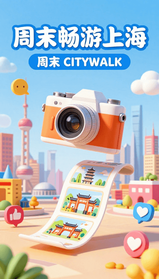 3D插画素材：周末畅游上海：趣味城市漫游体验