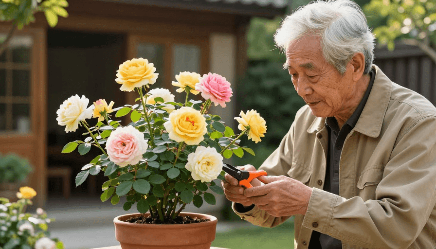 花卉摄影素材：岁月静美：专注修剪月季的老人