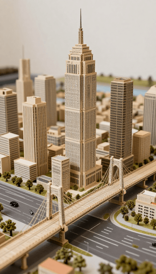 立体结构素材：报纸风格的城市全景：高楼与大桥的创意展现