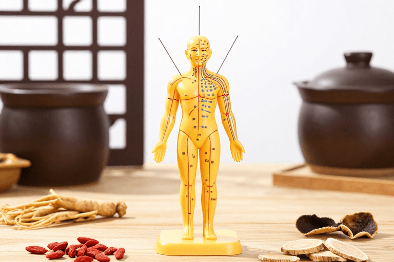 中药材摄影素材：中医针灸人体模型展示，传统中药材环绕，营造专业文化氛围