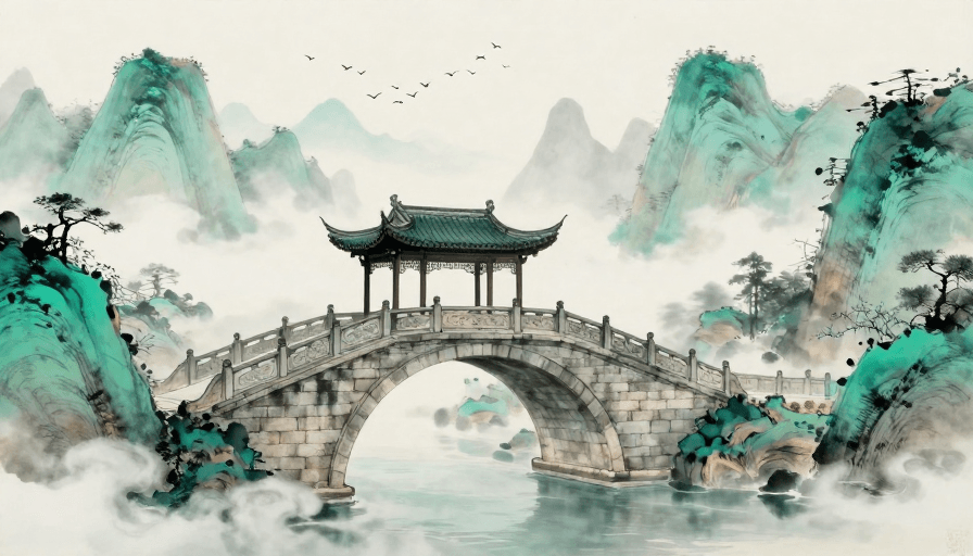 商业插画素材：水墨云山·古桥飞亭：青绿意境的东方美学