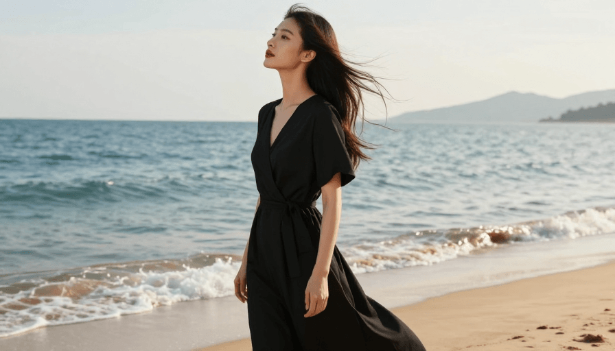 海边风景素材：海边红唇女性：光影中的时尚瞬间