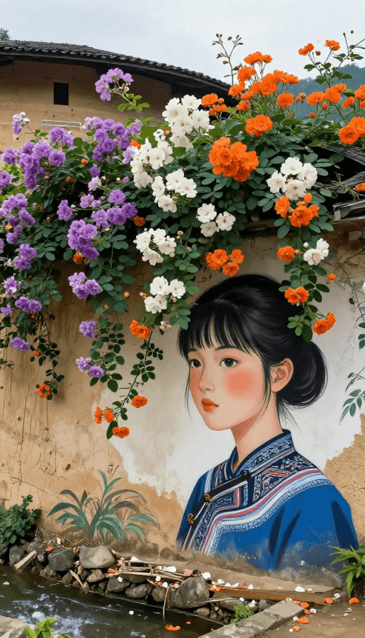 写实卡通融合素材：客家少女与土楼花影：超写实卡通融合艺术