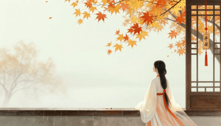 水彩质感素材：古韵秋窗：白衣女子静观枫叶