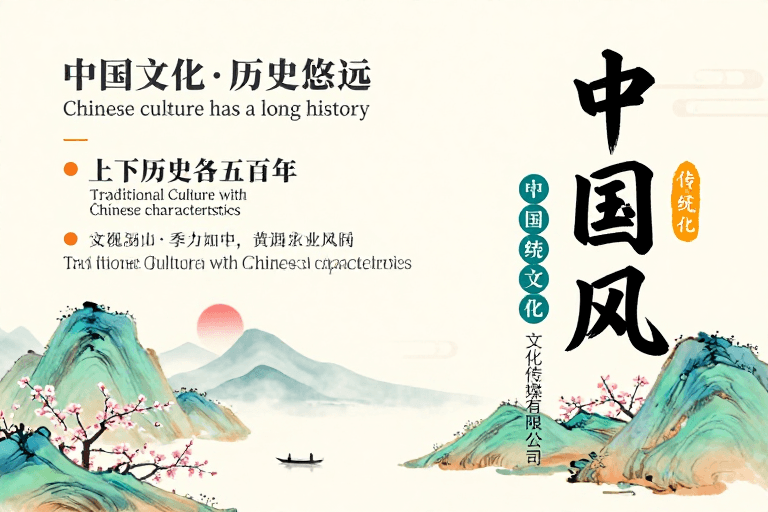 历史文化宣传素材：淡雅青绿山水：中国风传统文化海报