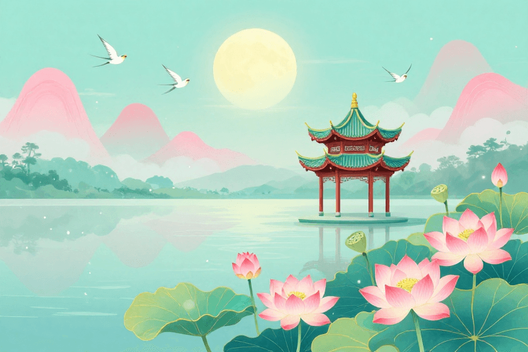 青绿色调素材：青玉月华：东方诗意庭院