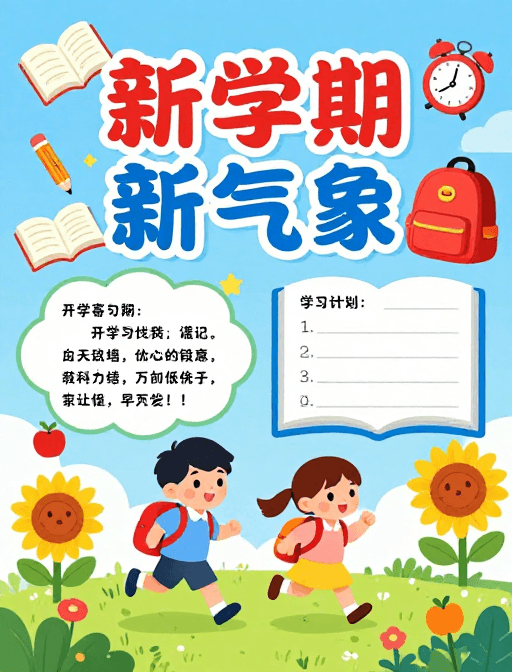 卡通设计素材：明亮童趣的开学海报，活力新学期插图