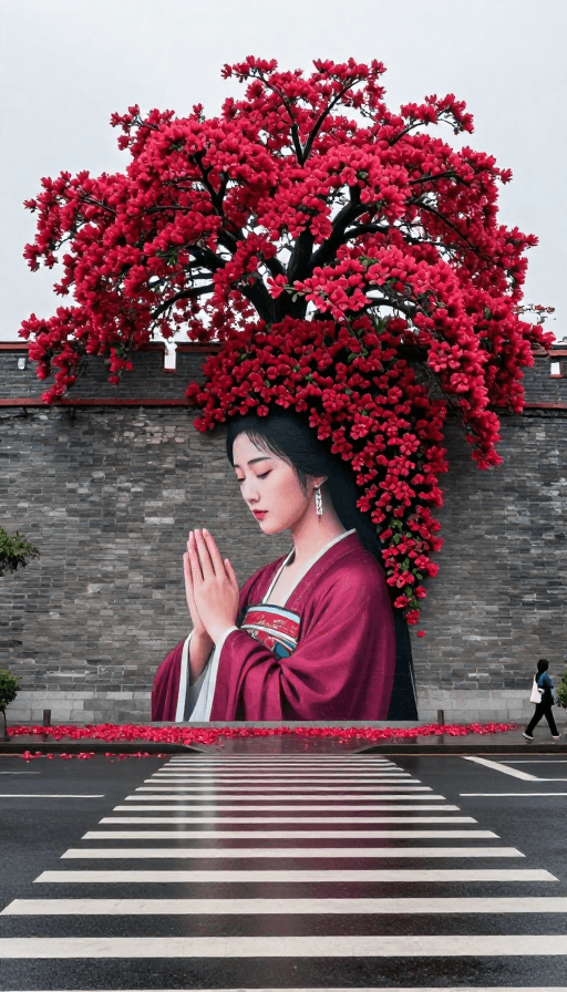 汉服文化素材：雨后古墙：玫红汉服壁画与繁花盛景