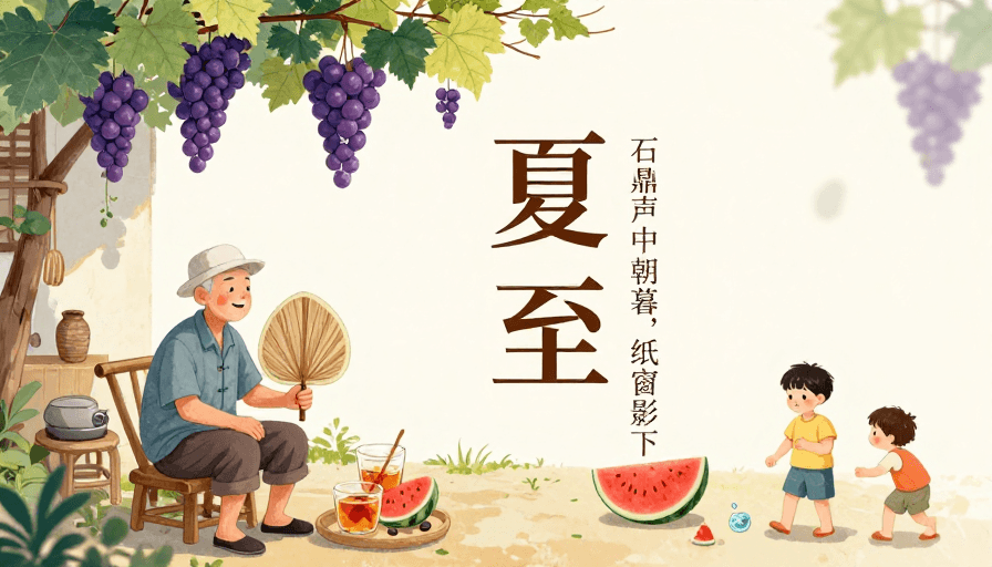 夏至素材：夏至诗意乡村插画，传统节气美好时光