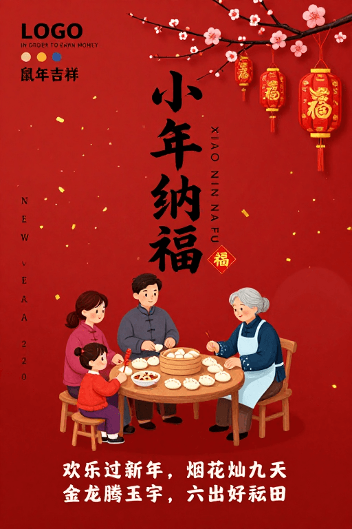 文化元素素材：鼠年纳福：温馨中国风家庭包饺子插画