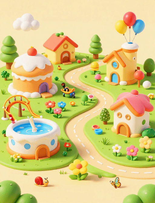 3D卡通素材：童趣3D卡通小镇：色彩斑斓的奇幻景观