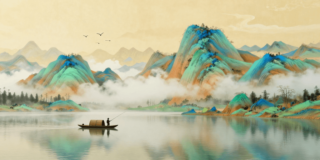云雾缭绕素材：青绿山水间：静谧渔舟与远山长卷