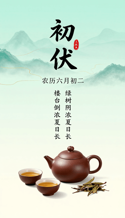 节气海报素材：初伏节气中国风水墨海报：青绿山水与紫砂茶韵