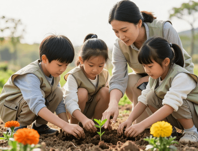 户外摄影素材：暖阳下三代同堂共植幼苗，亲子时光治愈自然