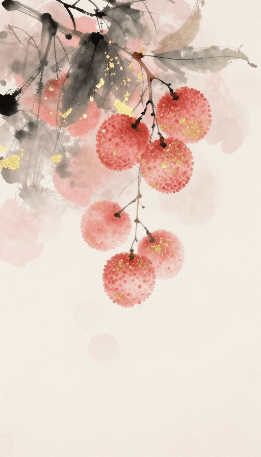 金箔岩彩素材：金箔荔枝·浪漫水墨晕染艺术插画