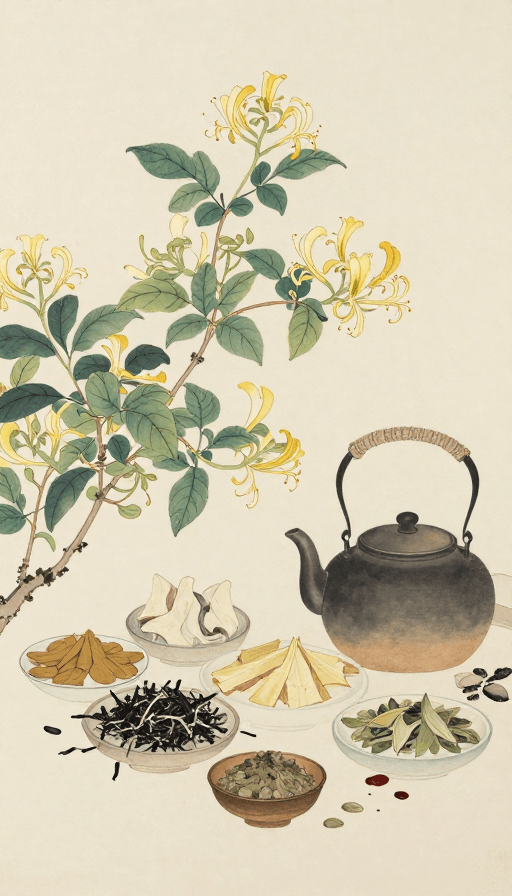 中草药素材：金银花古方：逼真国画艺术展现