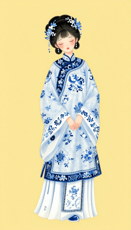 黄色背景素材：青花古风少女与花鸟：闭眼微笑的静谧时刻