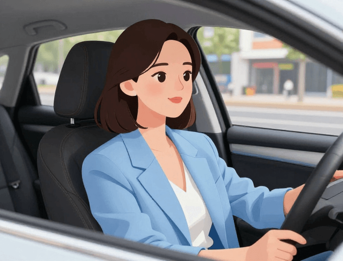 头像设计素材：气质东方面孔美女驾驶都市街景卡通插画