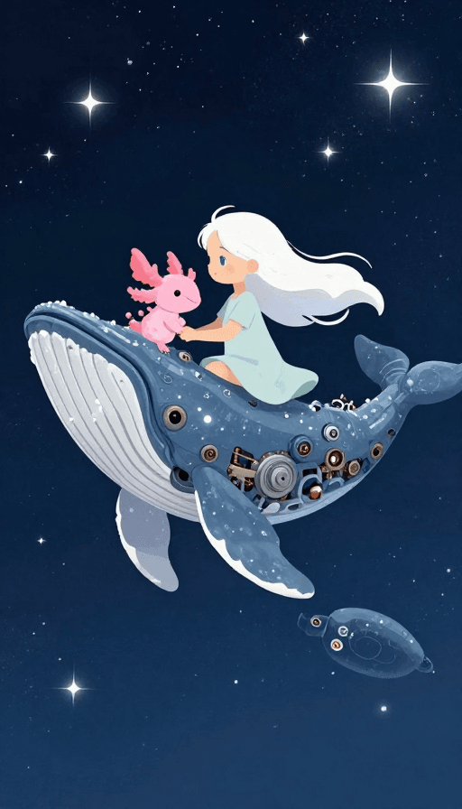 星空夜景素材：机械鲸鱼载梦而行：星空下的童话时刻