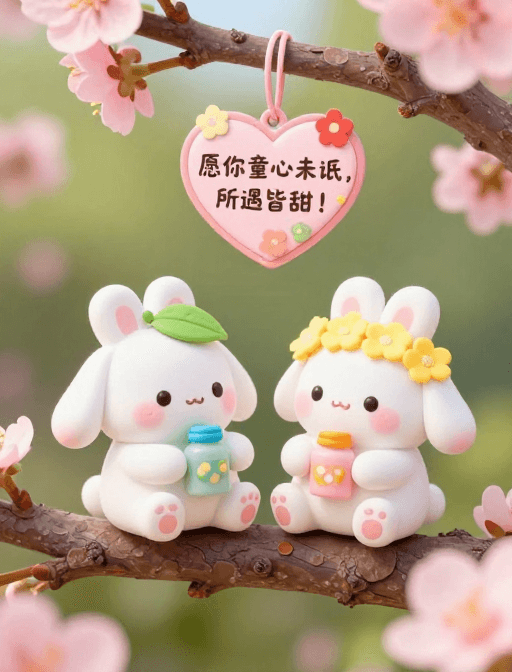 社交素材素材：童趣治愈：双兔共赏粉色花影
