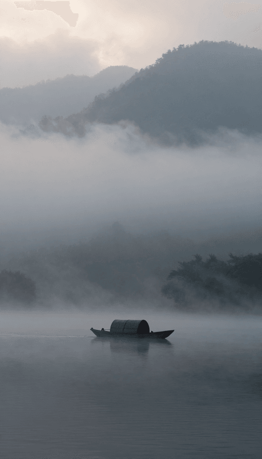 空灵氛围素材：云雾山间孤舟行