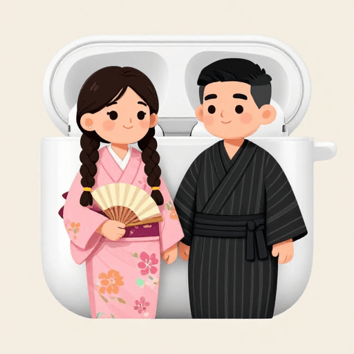 平面艺术素材：双生和风精灵：耳机盒里的时尚插画