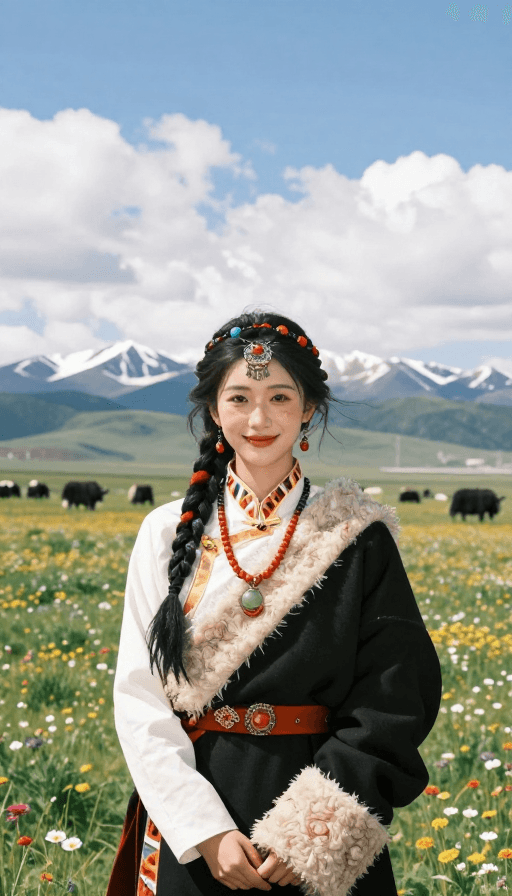藏族文化素材：草原卓玛：雪山牦牛下的藏族风情人像摄影