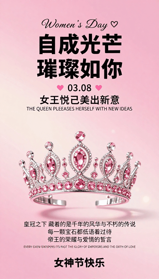 妇女节主题素材：女王节璀璨绽放：粉金渐变梦幻海报