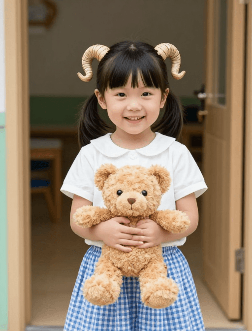 童趣氛围素材：纯真童趣：幼儿园门口的女孩与小熊