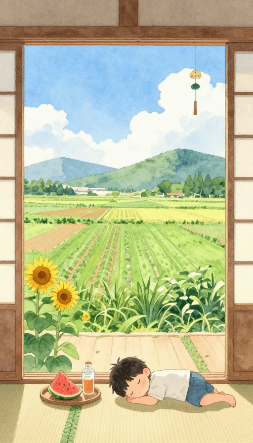装饰背景素材：夏日田园：日式温馨水彩插画
