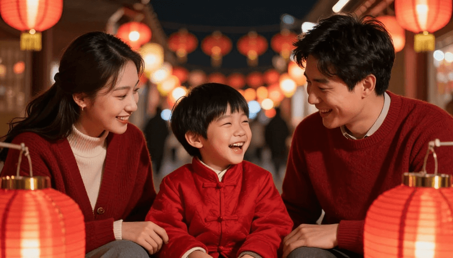 亲子时光素材：春节暖光里的亲子温情，夜市中红灯笼下的幸福瞬间