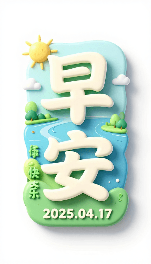 早安艺术字体设计，清新江景意境