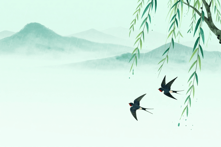 青绿色调素材：青绿山水水墨燕子飞