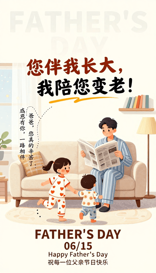 现代客厅素材：温馨手绘父亲节海报·亲子温情插画