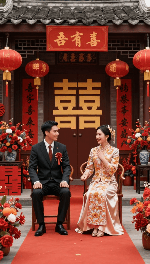 红色主题素材：中式婚庆喜庆氛围，传统婚礼场景