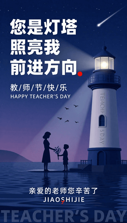 蓝紫渐变素材：深蓝夜空下的灯塔与师生剪影：教师节诗意表达