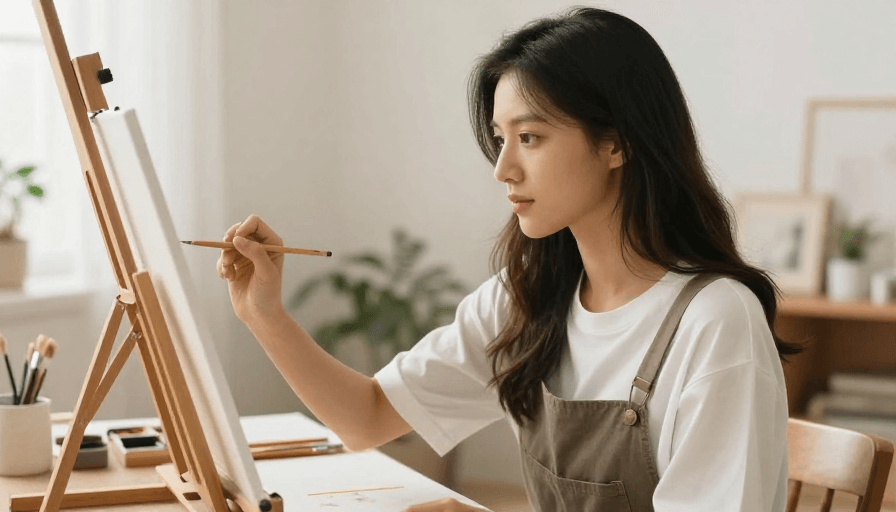 绘画素材：美少女专注作画瞬间捕捉
